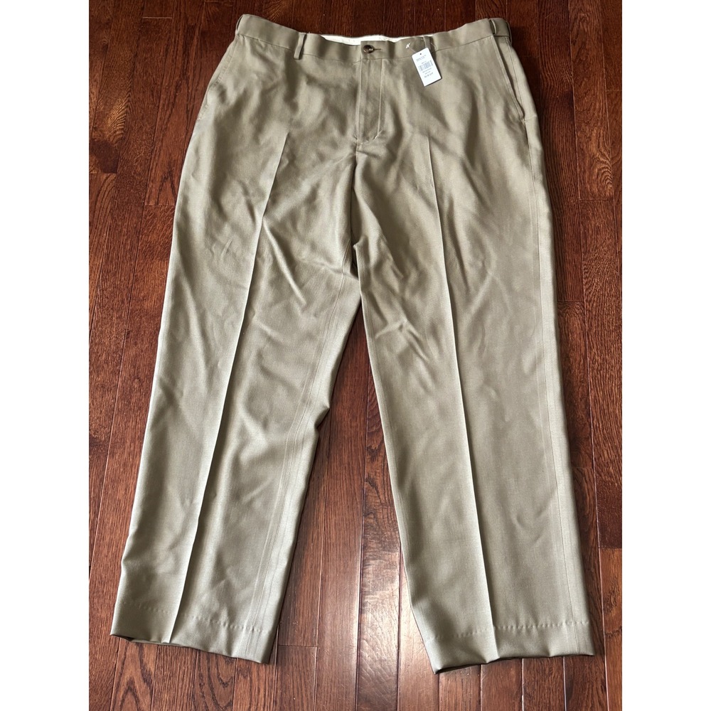 LL Bean Comfort Waist Wool Dress Pants Mens 40x32 Khaki Flat Front 285312 NWT